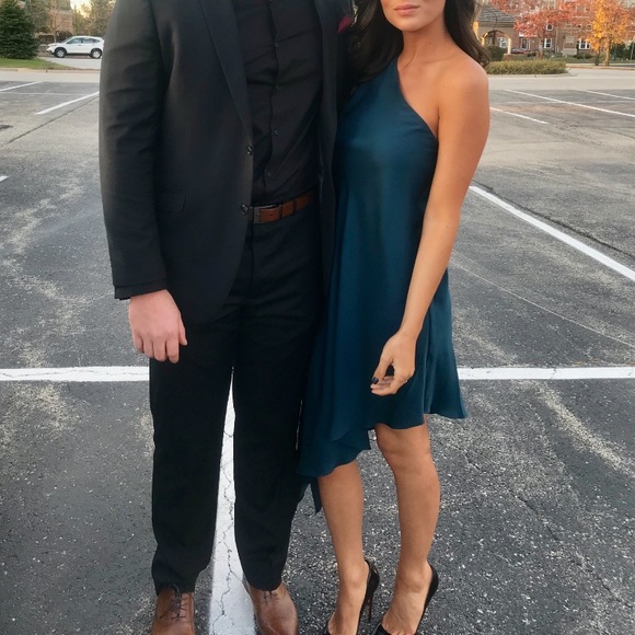 Milly silk teal one shoulder cocktail dress - Picture 3 of 6